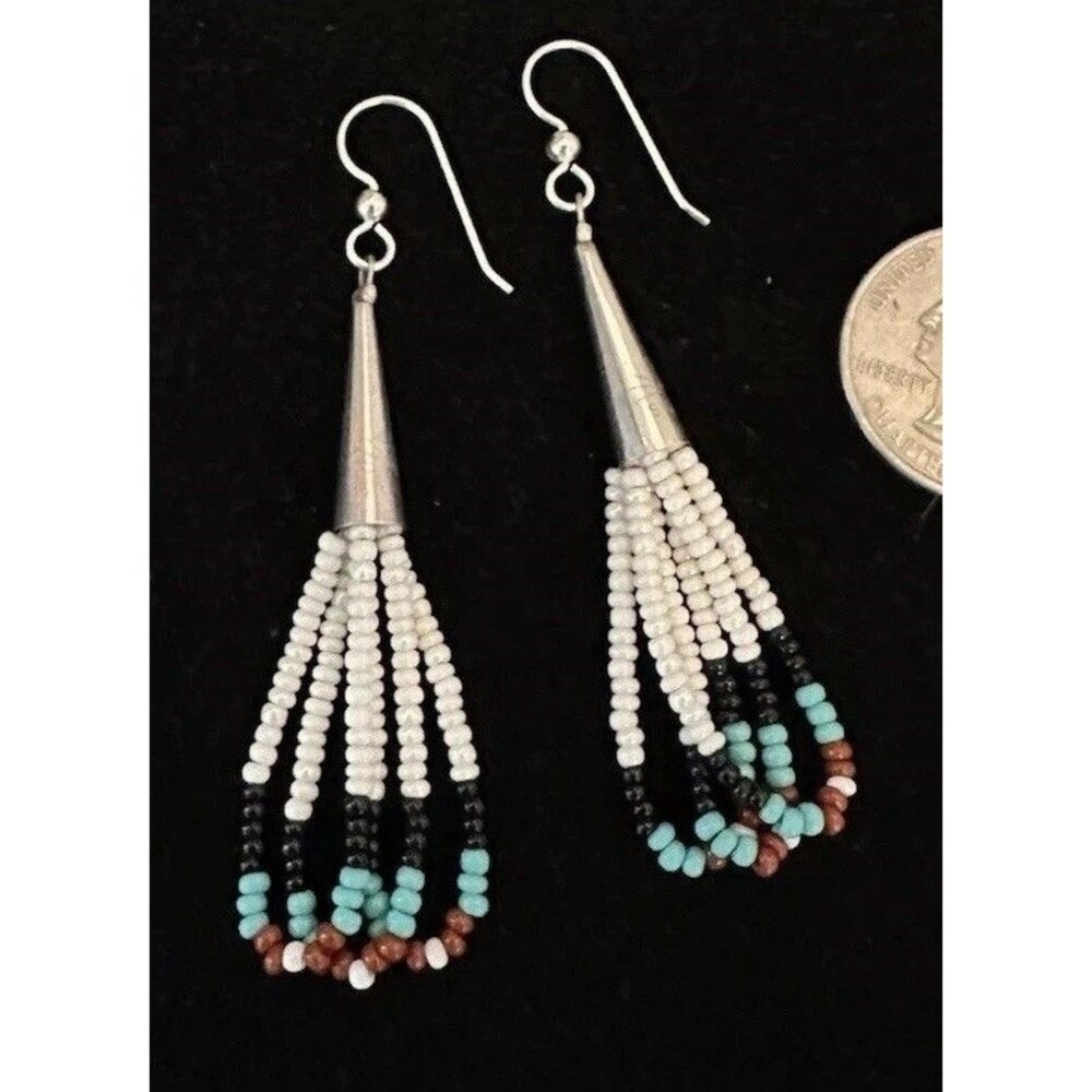 Native American Fringed Seed Bead Beaded Turquoise Blue Red White Earrings